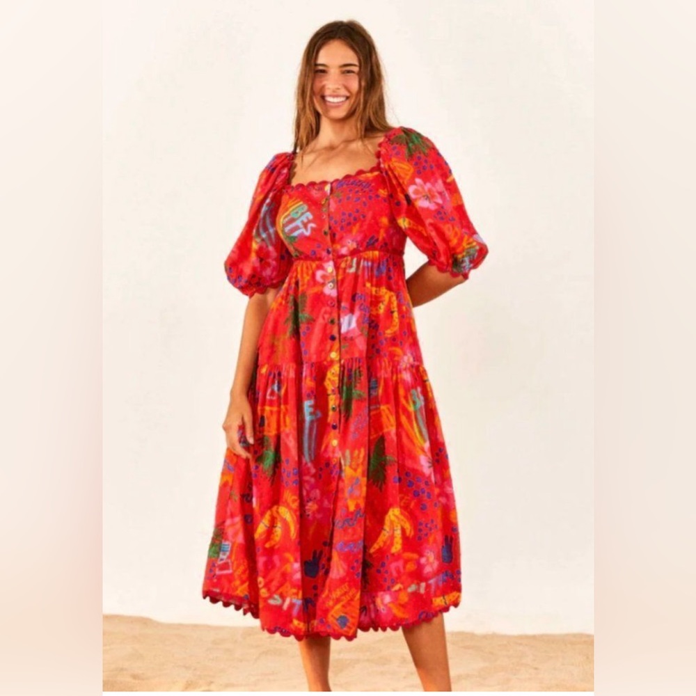 Red Good Vibes Midi Dress Puff Sleeves sz M & sz L